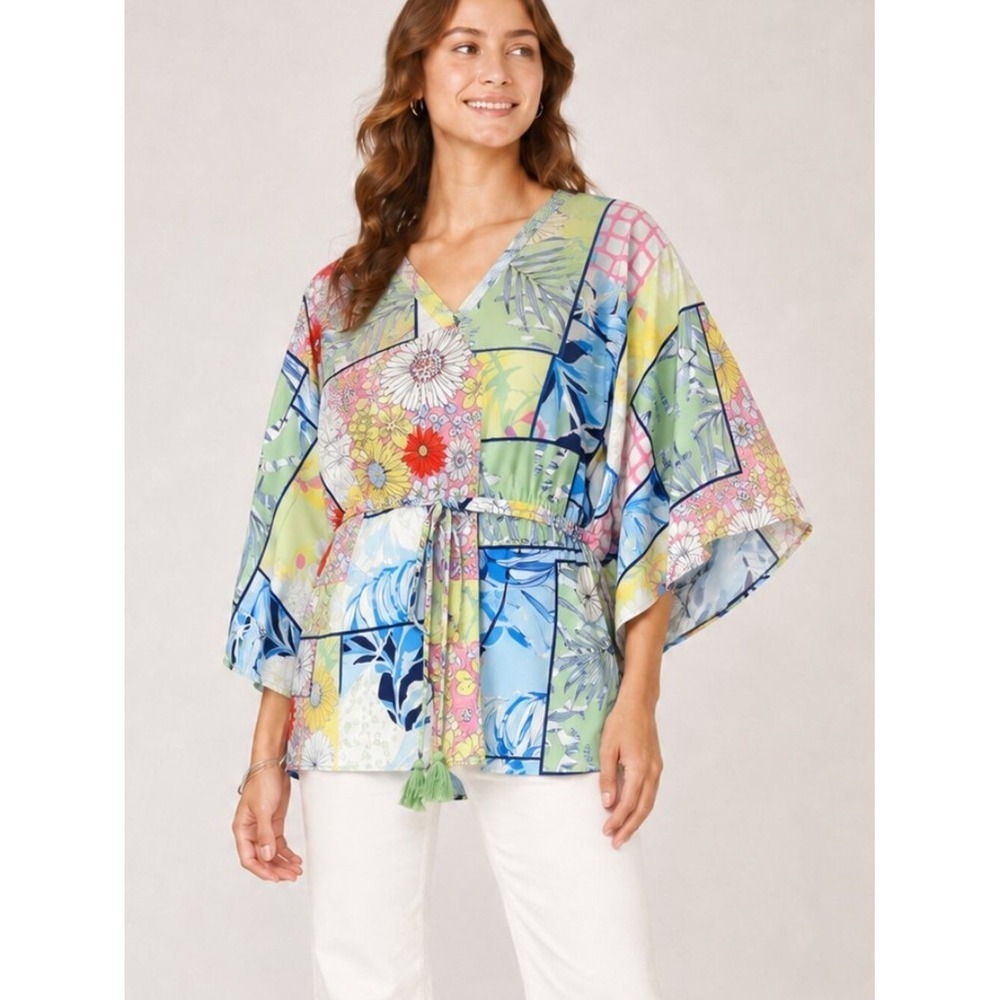 DG2 Diane Gilman NEW Patchwork Floral Kaftan Blouse Top SZ Small Resortwear Chic